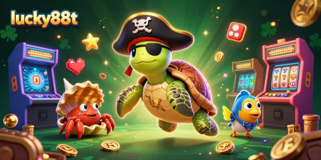 Experience thrilling adventures with lucky88t: a pirate turtle, crab, and parrotfish in a casino wonderland.