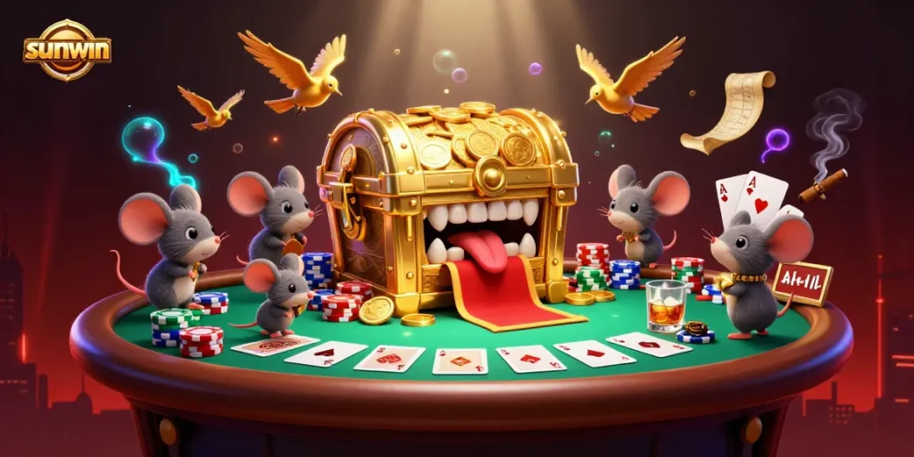 Engage in thrilling adventures with sunwin at the vibrant poker table featuring animated characters and treasure.