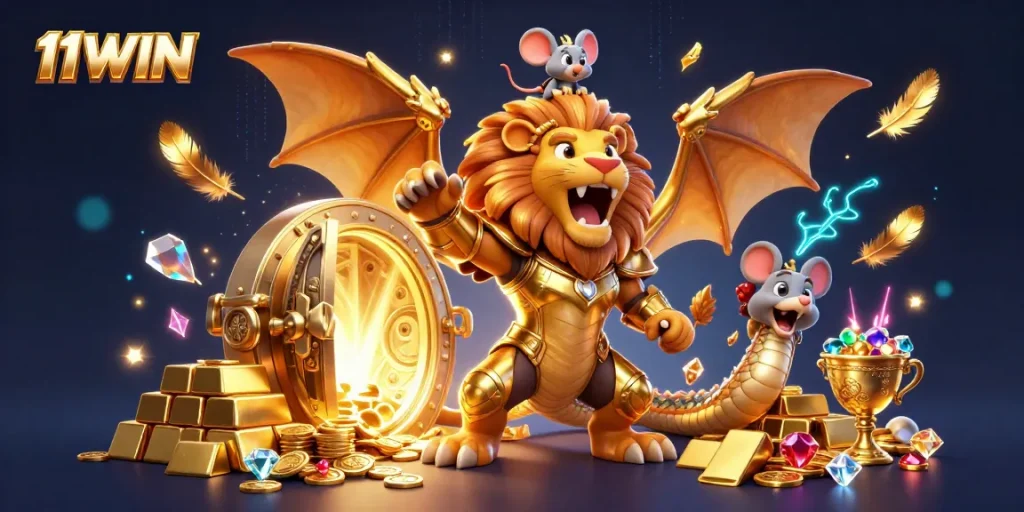 Experience the thrill of 11WIN with a golden chimera creature surrounded by treasure and casino elements.