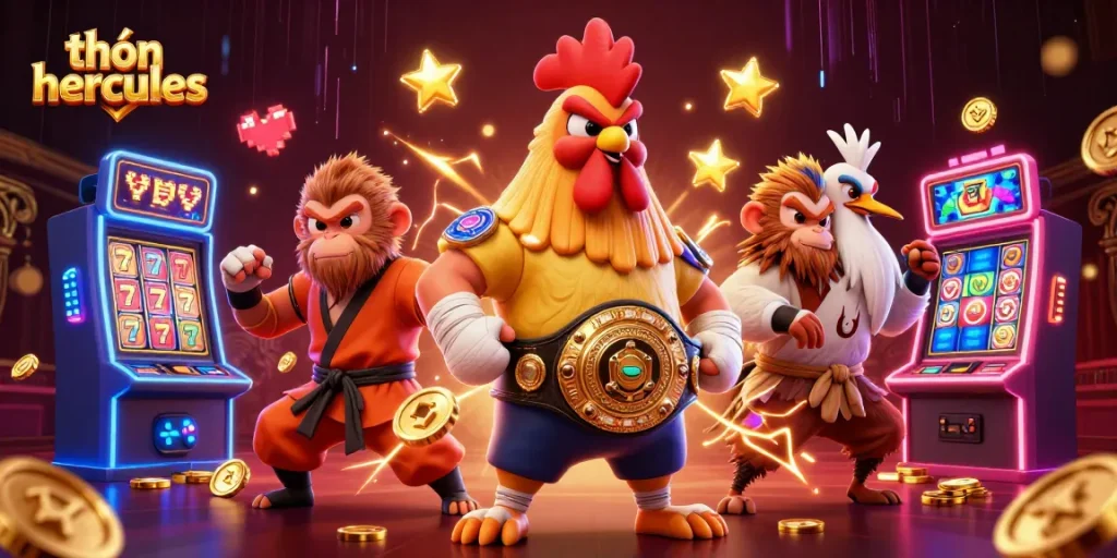 Engage in spirited gaming with thần hercules as a dynamic illustration features iconic characters amid vibrant slot machines.