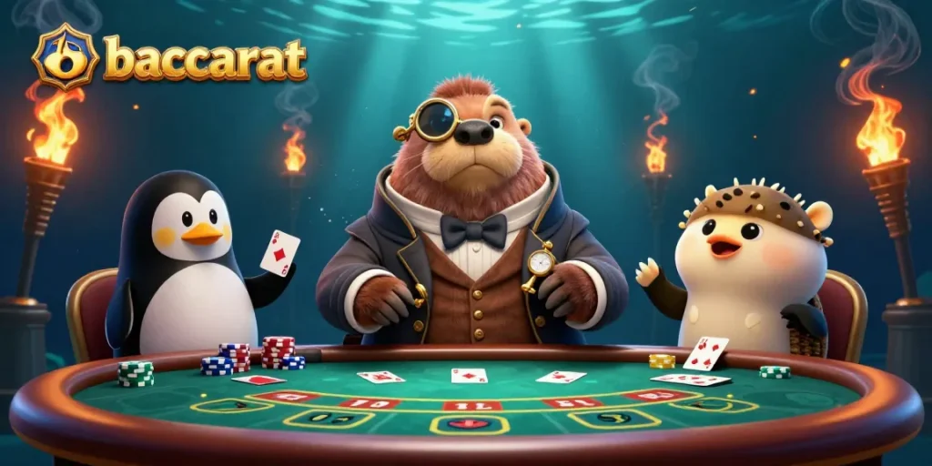 Baccarat players engage at an underwater poker table with a walrus, penguin dealer, and pufferfish, showcasing excitement.