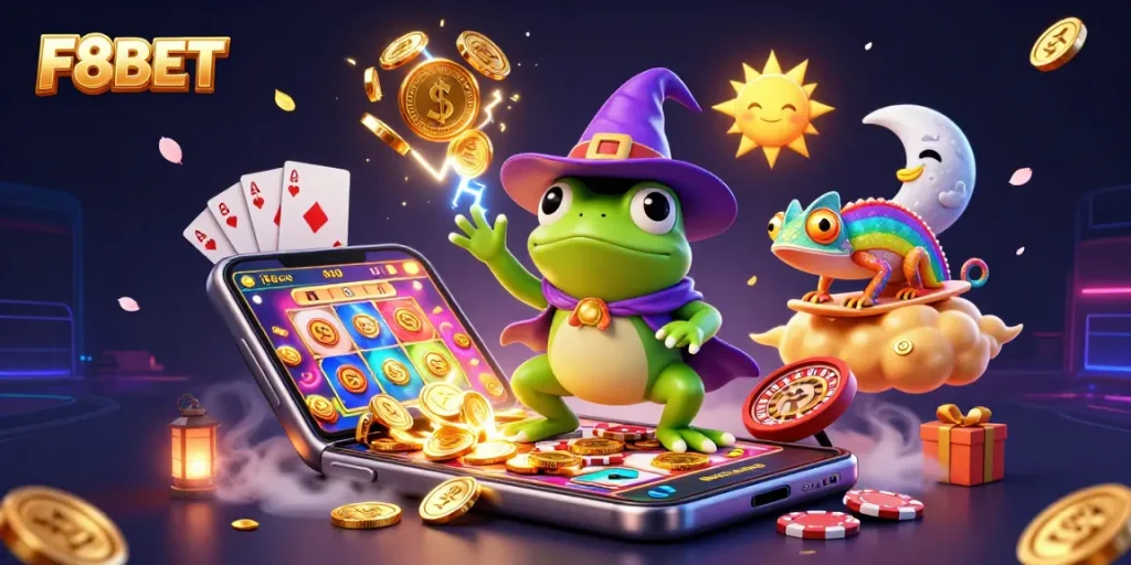 Experience thrilling wins at F8BET with a magical, vibrant illustration of casino adventures.