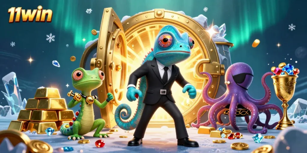 Experience thrilling wins at 11WIN with chameleons and treasures in a vibrant casino scene.