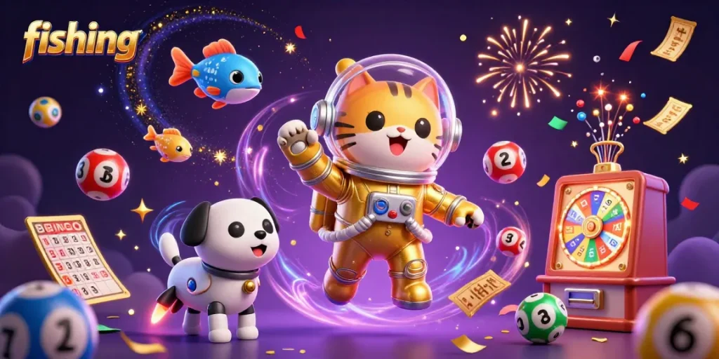 Fishing-themed energetic illustration featuring a space astronaut cat and robot dog amidst colorful casino elements.