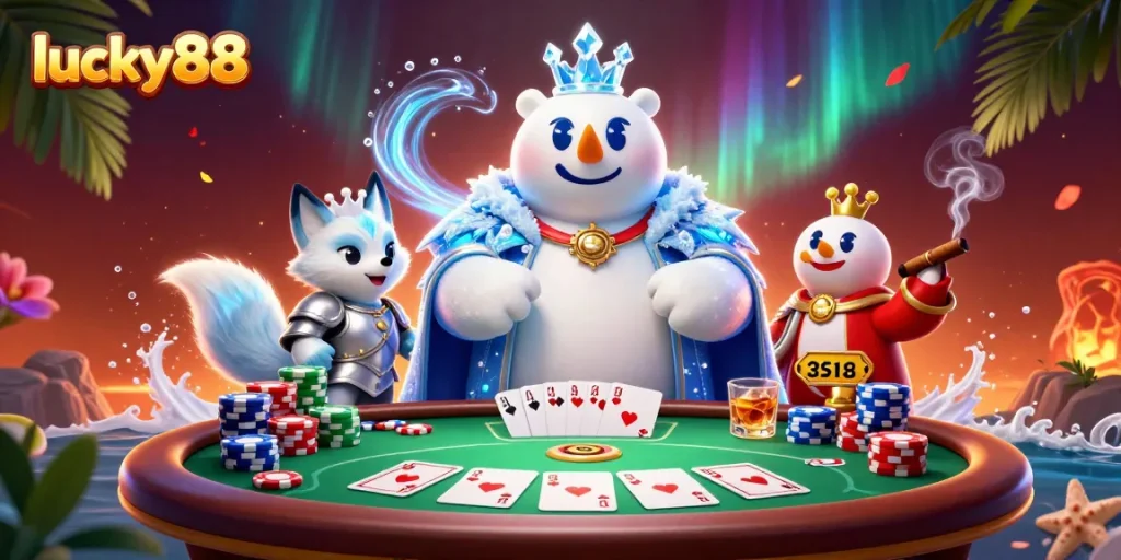 Experience thrilling gameplay with lucky88 as a cartoon ice king and snow fox command the poker table.