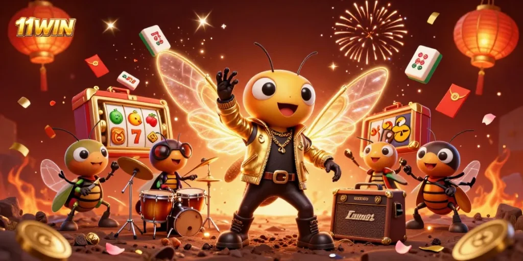 Engage with 11WIN's exhilarating casino scene featuring vibrant slot reels and dynamic characters.