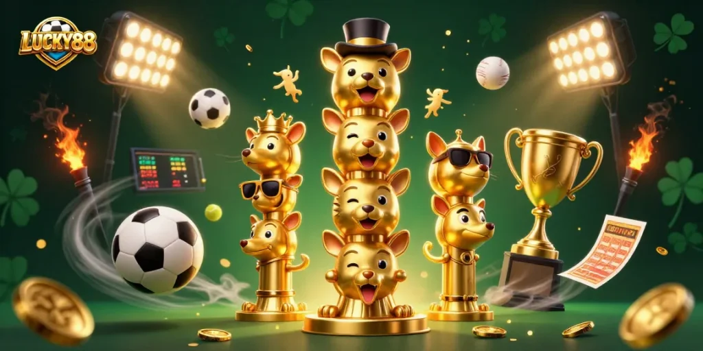 LUCKY88 captures the excitement of sports betting with dynamic elements and a vibrant casino atmosphere.