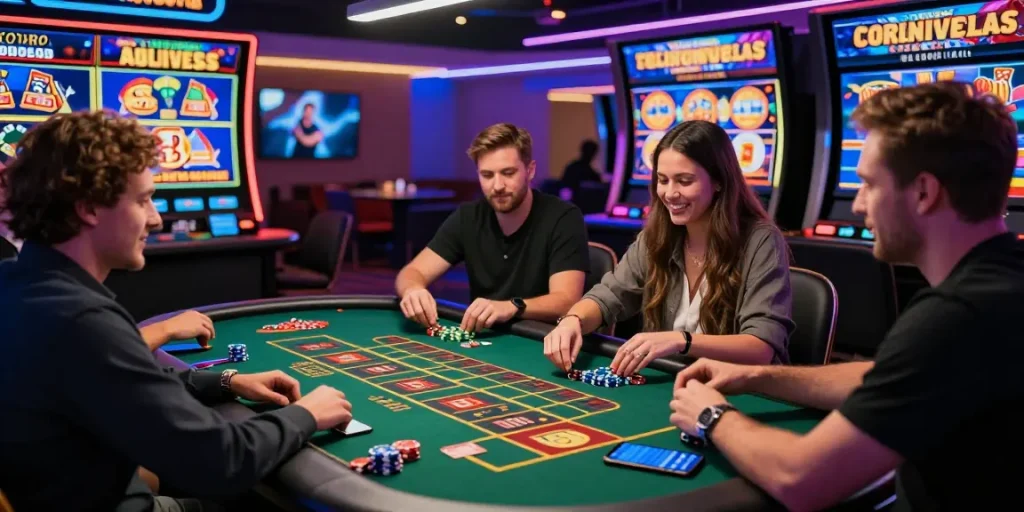 Players enjoying thrilling games at credit card casinos, vibrant atmosphere with colorful displays and casino elements.