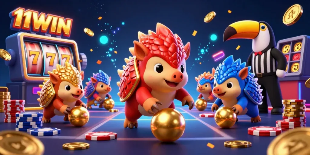 Engage with 11WIN as rival pangolins roll golden balls amidst vibrant casino elements.