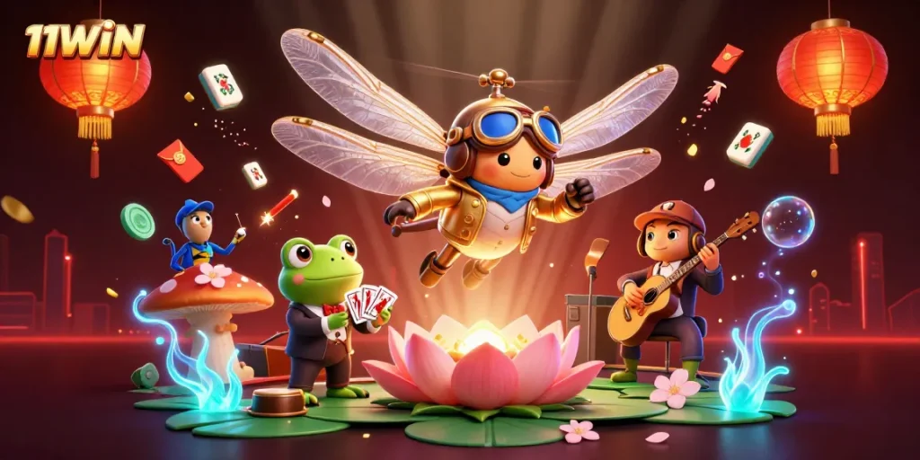 Experience the vibrant 11WIN gaming world with the dragonfly pilot and frog croupier in action.