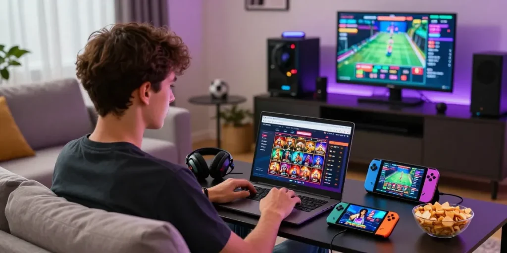 Explore top international credit card casinos at https://transact.org.uk in a vibrant home gaming setup.