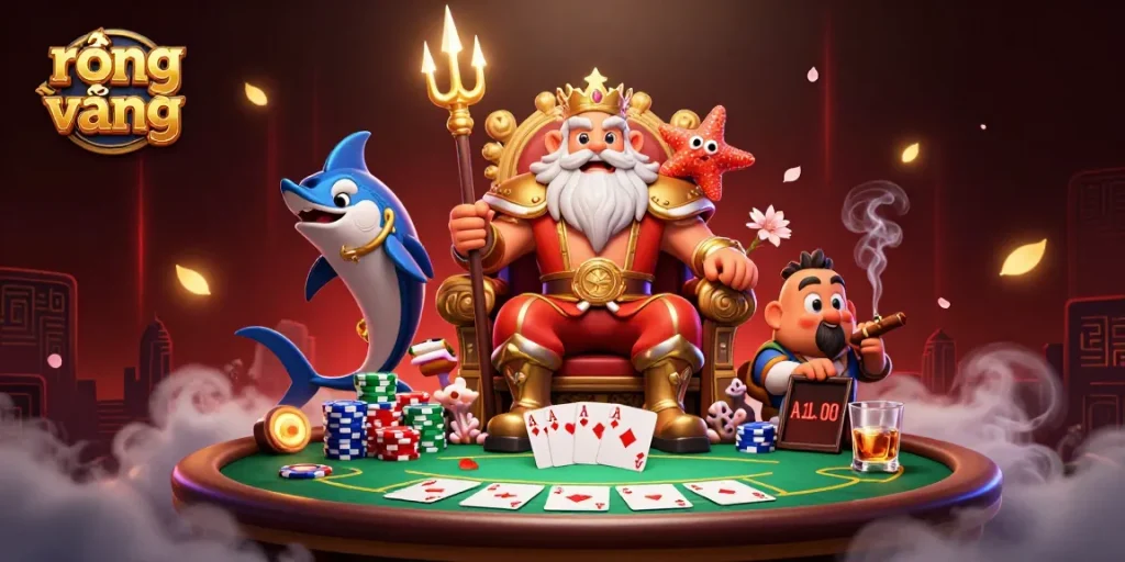 Engage in thrilling poker gameplay at rồng vàng with Neptune and his vibrant casino scene.