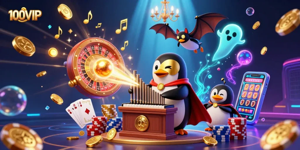 Engage with 100VIP's thrilling casino experience through a dynamic 3D scene of gaming elements.
