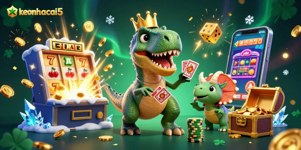 Engage in thrilling gameplay at keonhacai5 as T-Rex shuffles cards beside vibrant casino elements.