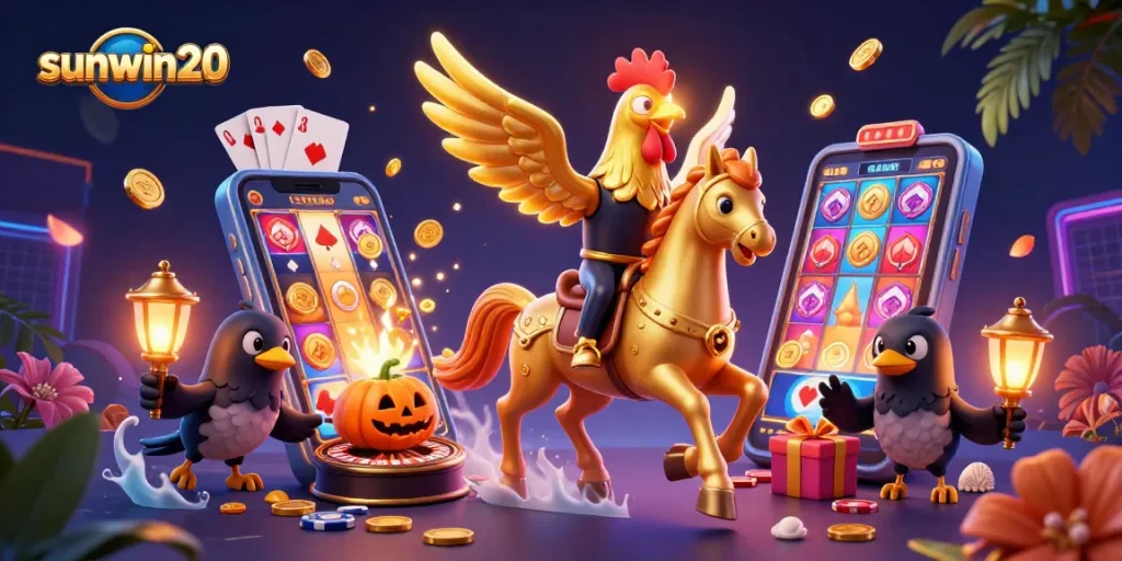 Experience thrilling casino action with sunwin20 featuring a golden rooster and dynamic gaming elements.
