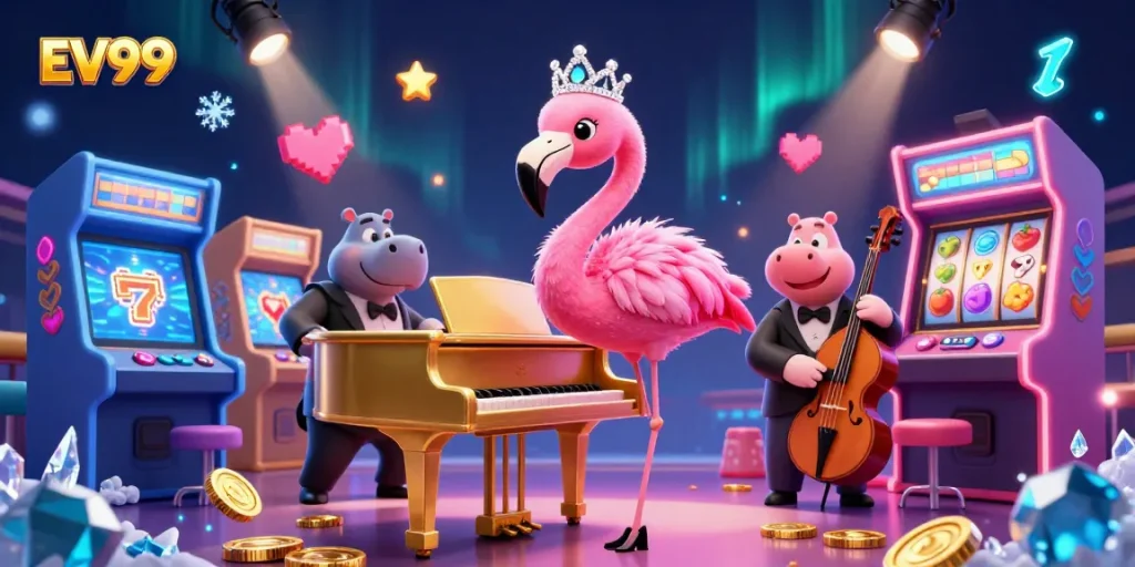 Experience the vibrant world of EV99 as casino characters play and shine with excitement.