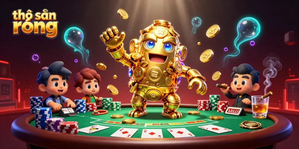 Engage in thrilling gameplay with thợ săn rồng in a vibrant, dynamic 3D casino scene featuring a golden golem.